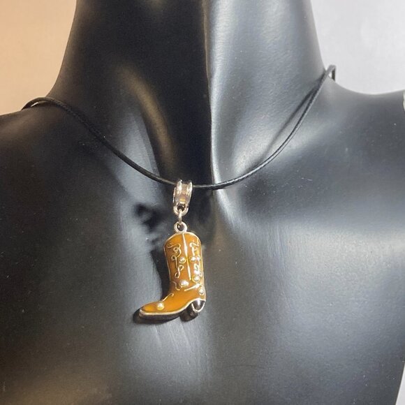 Cowboy Boot Necklace Cowgirl Brown Enamel Country Western Black Cord 16-18" - Picture 2 of 9